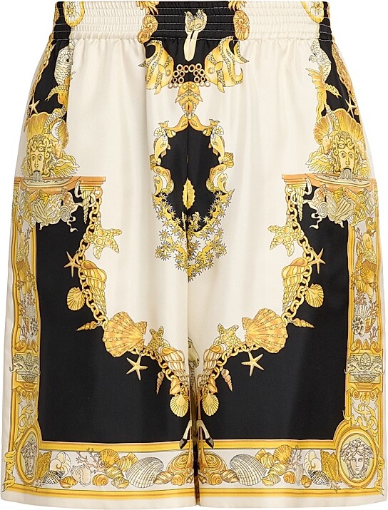 Versace Men's Coral Theatre Print Silk Shorts - Black Multicolor - Size 30