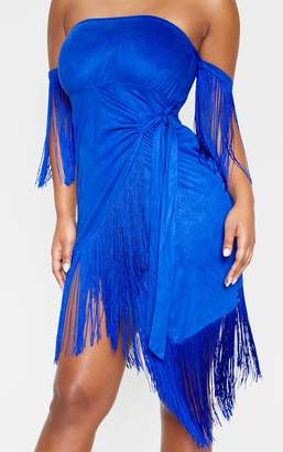 PrettyLittleThing Cobalt Faux Suede Bardot Tassel Wrap Bodycon Dress