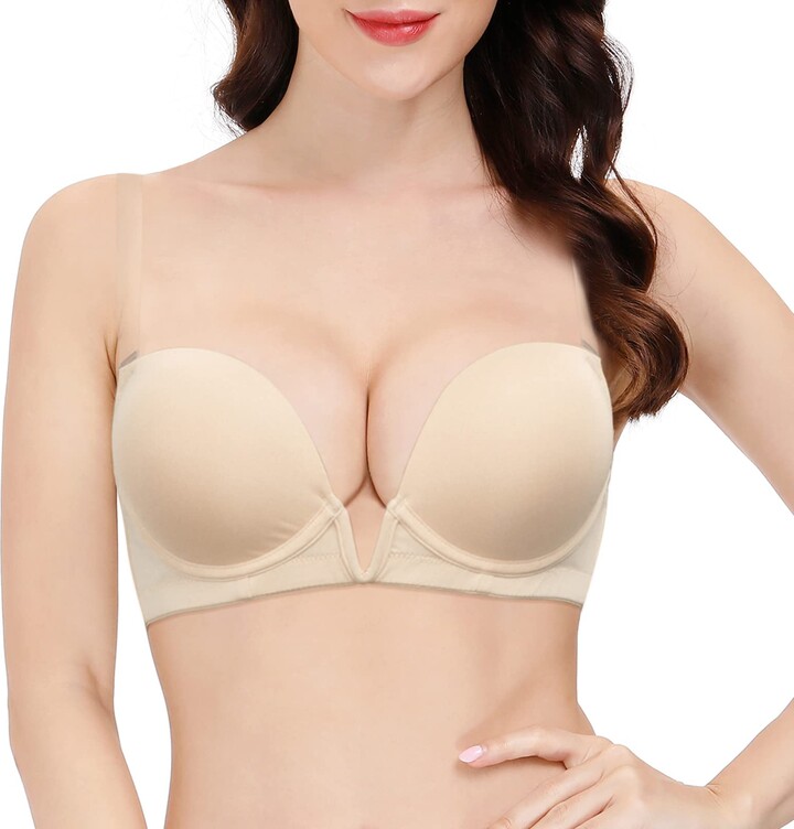 Rasback Women's Deep V Plunge Padded Push Up Convertible Bra with Clear