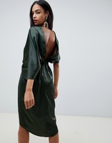 asos design satin kimono midi dress with knot front and asymmetric sleeve