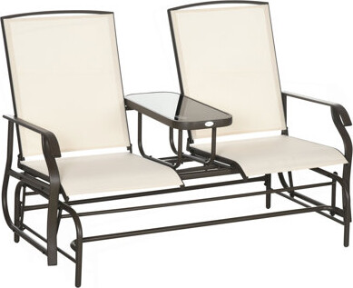 Outdoor Glider Bench With Center Table, Metal Frame Patio Loveseat With Breathable Mesh Fabric And Armrests For Backyard Garden Porch, Beige
