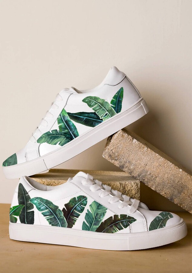 ALEPEL Women's Green Palm Sneakers In White