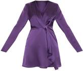 Thumbnail for your product : PrettyLittleThing Plum Satin Long Sleeve Wrap Shift Dress