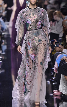 Elie Saab Bead Embroidered Tulle Cape Gown