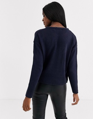 Brave Soul crew neck jumper with button detail in navy