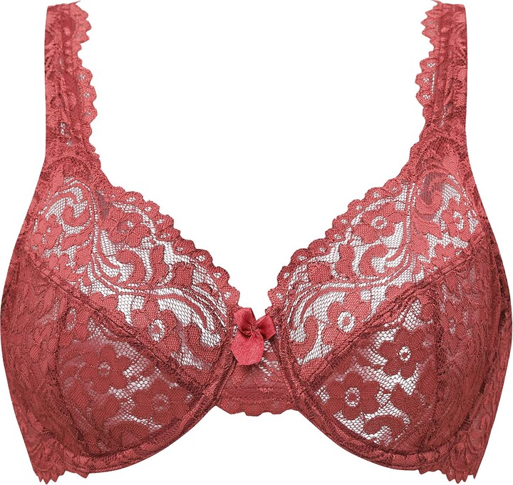 MELENECA Women's Plus Size Full Coverage Underwire Non-Padded Sexy Lace Bra  Cabernet Red 44E - ShopStyle