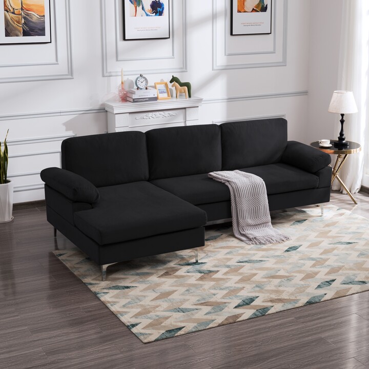 GEROJO Black Modern Velvet Sectional Sofa with Removable Covers, Metal