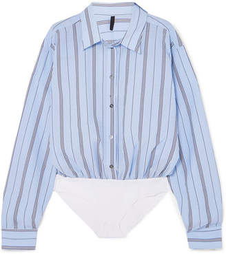 Unravel Project - Distressed Striped Cotton-blend Voile And Poplin Bodysuit - Light blue