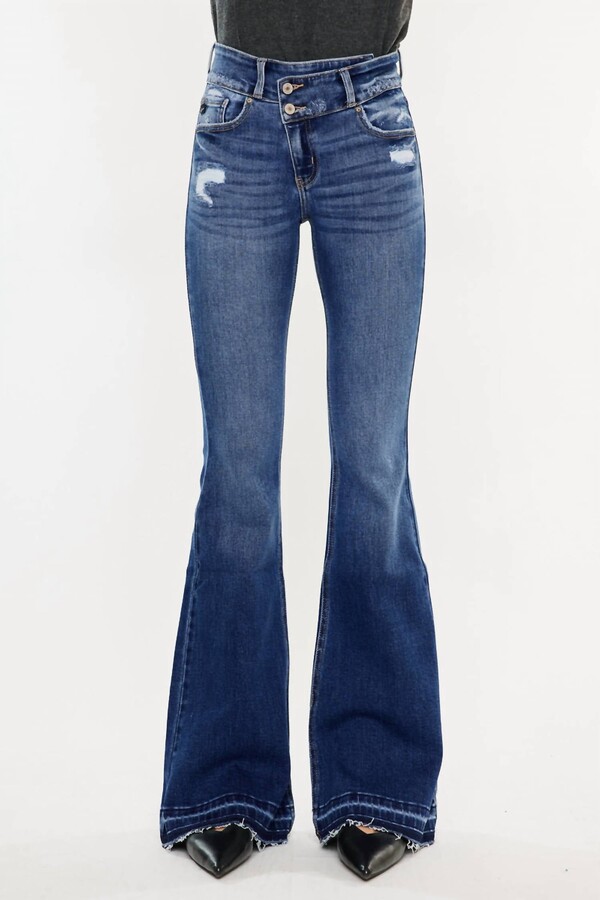 Kancan Amaya High Rise Cross-Over Flare Jeans In Blue