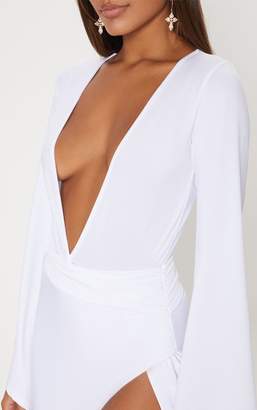 PrettyLittleThing White Drape Sleeve Plunge Extreme Split Leg Bodycon Dress