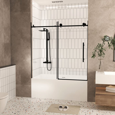 SuedeSerenade 56 - 60" W Shower Door, H, 6 Mm Clear Tempered Glass, Proof Film, Long Term Use Stainless Steel Handle, Matte Black, Water Leak Prevention For Bathroo
