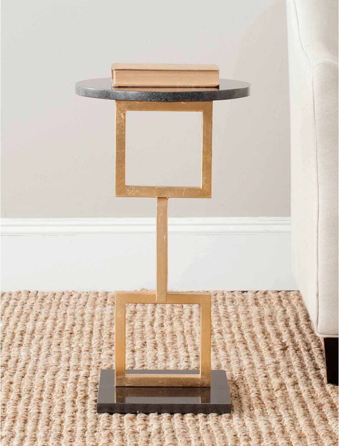 SAFAVIEH Cassidy 23 in. H Round Top Square Base Iron Accent Table, Gold/Black Marble