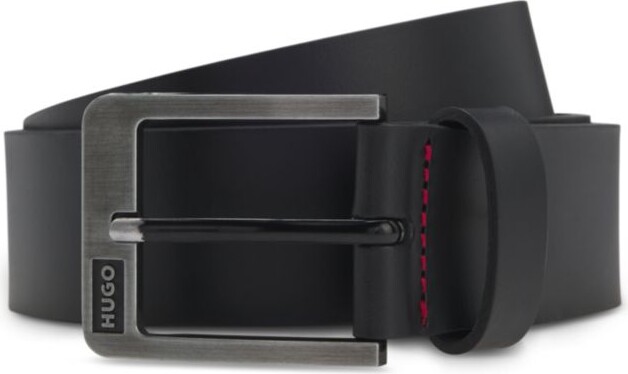 Italian-leather belt with brushed logo buckle