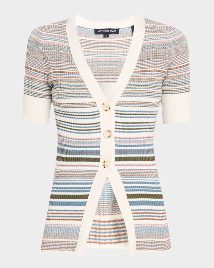 Veronica Beard Fawne Stripe Short-Sleeve Cardigan