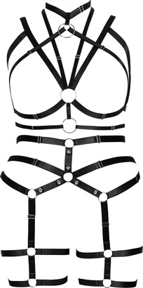 PETMHS Punk Gothic Body Harness Plus Size Fat Woman Full Cage Hollow Out Frame Strappy Bra Garter Belts Set EDC Rave Clothing 