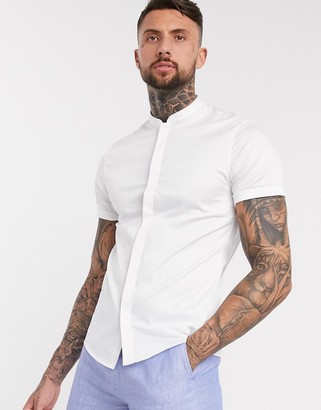 ASOS DESIGN skinny fit sateen shirt with mandarin collar in white with short sleeves
