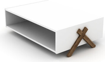 George Oliver Rectangular Coffee Table For Living Space, Solid Wood With Cross Legs, Walnut Hue And Interior Shelf Colored Inner Storage Facility Room