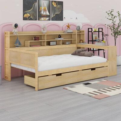 Lark Manor Daybed With Storage Shelves Multi-Functional Bed With Two Storage Drawers And Study Desk
