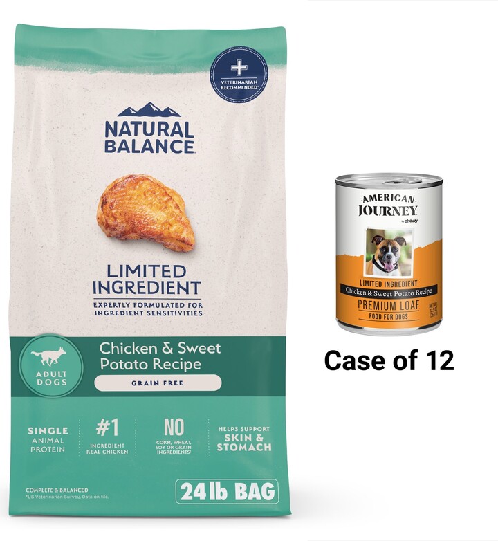 Natural Balance L.I.D. Limited Ingredient Diets Grain-Free Chicken & Sweet Potato Formula Dry Dog Food, 24-lb bag + American Journey Limited Ingredient Diet Chicken & Sweet Potato Recipe Grain-Free Canned Dog Food, 12.5-oz, case of 12