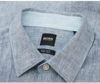 BOSS Lukka 2f Short Sleeved Linen Shirt Colour: NAVY, Size: XL