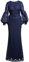 Thumbnail for your product : Badgley Mischka Scalloped V-Neck Puff-Sleeve Lace Peplum Gown
