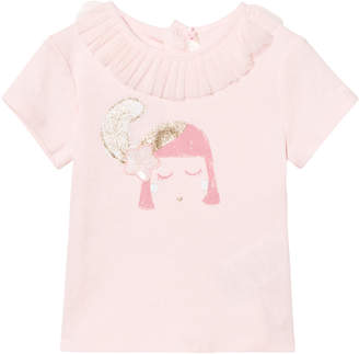 Billieblush Pale Pink Face Print Tee with Ruffle Tulle Collar