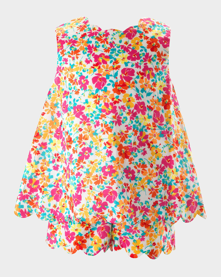 Rachel Riley Girl's Scallop-Trim Floral-Print Short Set, Size 2-10