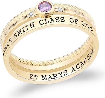 Zales Simulated Birthstone and Diamond Accent Engravable Three Piece Stackable Class Ring Set (1 Stone and 2 Lines)