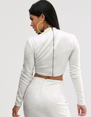 Club L London Petite long sleeve sequin crop top in white