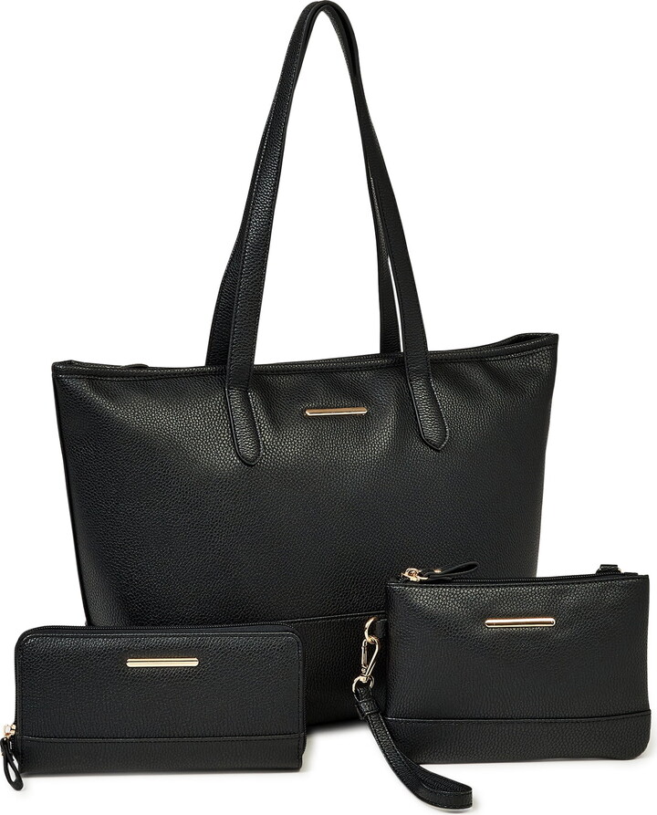Time and Tru Women’s 3 in 1 Tote Bag 3-Piece Set Black Pebble