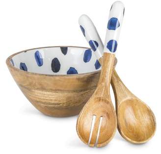 Diva At Home Lone Elm Studios Indigo Ink-Accented Serving Bowl With Matching Set Of 2 Spoons