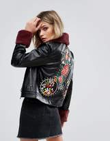 Thumbnail for your product : boohoo Studded And Embroidered Leather Look Jacket With Faux Fur Collar