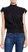 Thumbnail for your product : Frame Mock-Neck Cap-Sleeve Smocked Ruffle Top