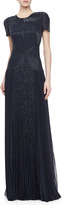 Thumbnail for your product : J. Mendel Short-Sleeve Embroidered Pleated Gown, Navy