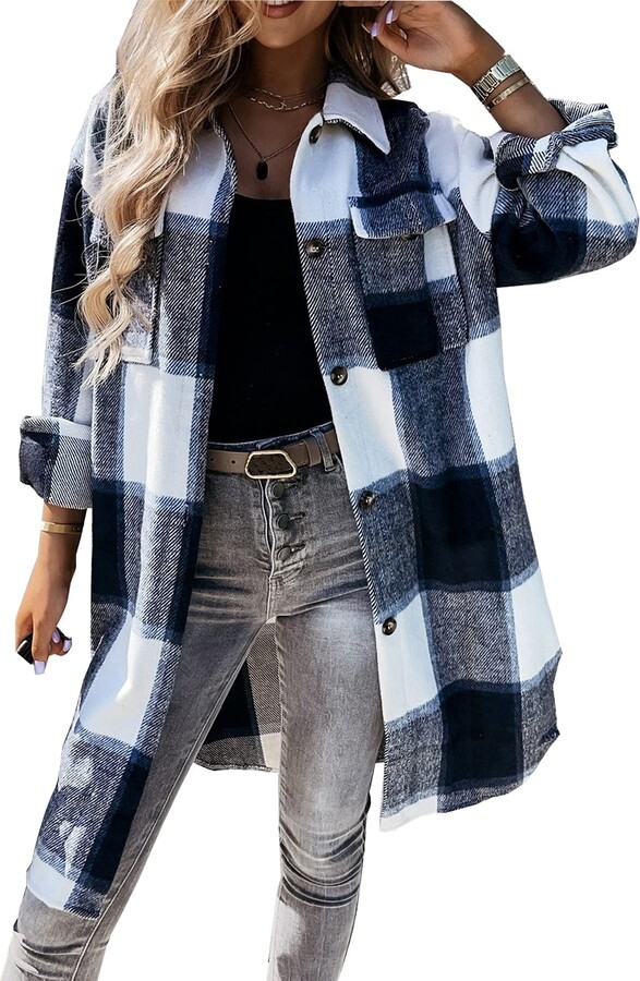 Womens Plus Size Buffalo Plaid Long Cardigan Long Sleeve Open Front Loose Jacket Outwear with Pockets 