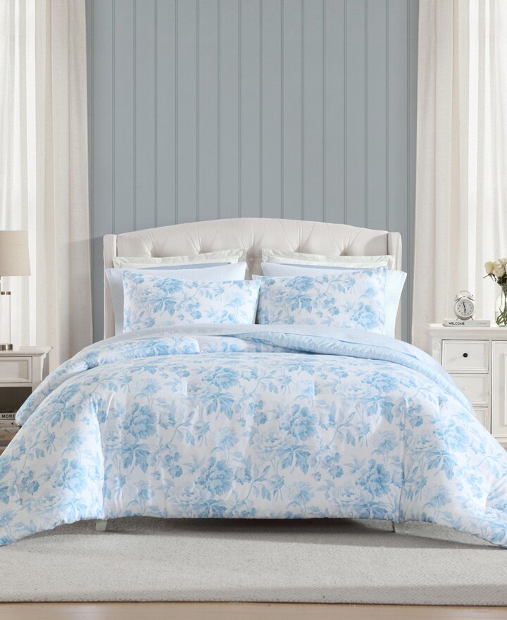Laura Ashley Anja Textured Toile Washed Microfiber 7-Pc. Comforter Set, Full/Queen - Chambray Blue, White
