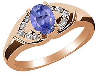 Gem Stone King 1.00 Ct Oval Blue Tanzanite White Diamond 18K Rose Gold Ring