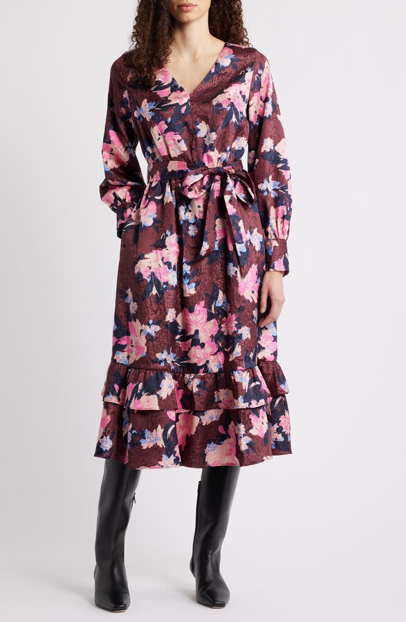 Caslon Ruffle Tie Waist Long Sleeve Midi Dress