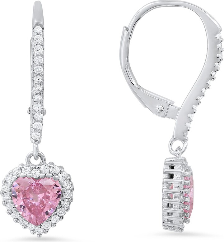 Kylie Harper Silver / Pink June Pink Sapphire Birthstone Heart-Cut Halo Leverback Earrings In Sterling Silver