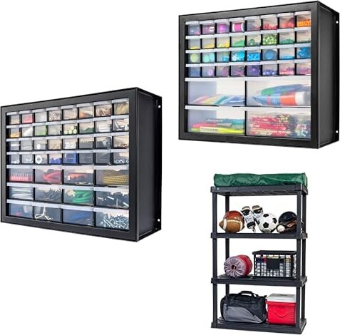 Iris Bundle of USA 4-Shelf Heavy Duty Plastic Rack + 44 & 36 Drawer Tool Organizers