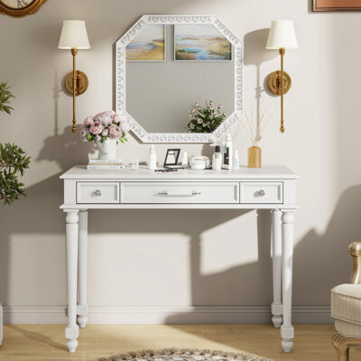 Retro Makeup Desk With Large Mirror, 3-Drawer Dressing Table For Jewelry Storage, Elegant Console Table For Bedroom, Living Room, Hallway & Foyer, Mak