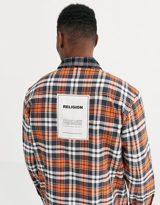 Religion oversized shirt with patch detail in orange check