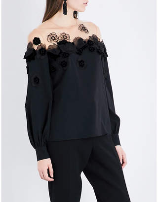 Oscar de la Renta Floral-appliqué stretch-silk top