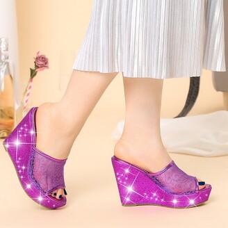 Allegra K Women' Glitter Platform Wedge Slip on Wedge Slide Sandal Silver 8  - ShopStyle
