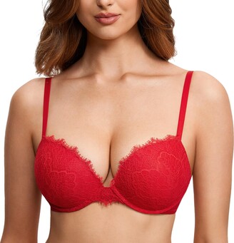 DOBREVA Women's Push Up Bra Lace Plunge Padded Support Underwire