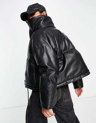 Topshop faux leather cropped puffer jacket in black - ShopStyle