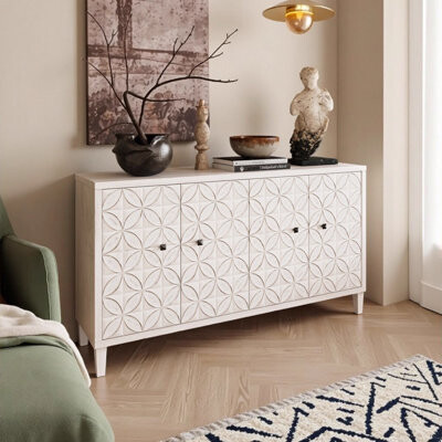 One Allium Way Accent Cabinet 4 Door Wooden Sideboard Buffet Server with White Wash Finish Ideal for Multiple Rooms