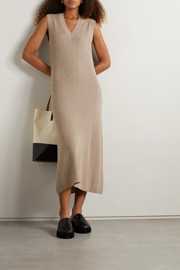 JOSEPH Ribbed-knit Wool Polo Midi Dress in Brown Womens Dresses JOSEPH Dresses Natural 