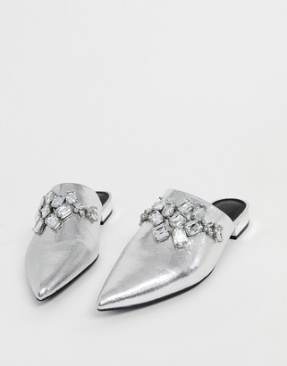 ASOS DESIGN Wide Fit Verona embellished flat shoes in silver