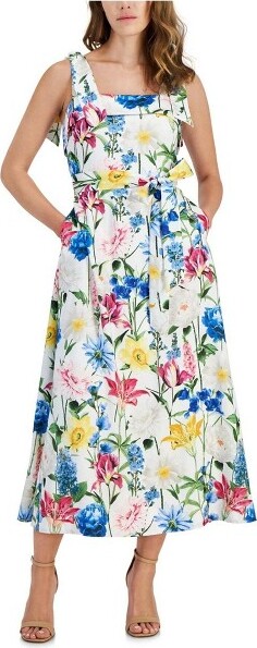 AnneKleinWomensFloralShiftMidiA-lineDress,white,16